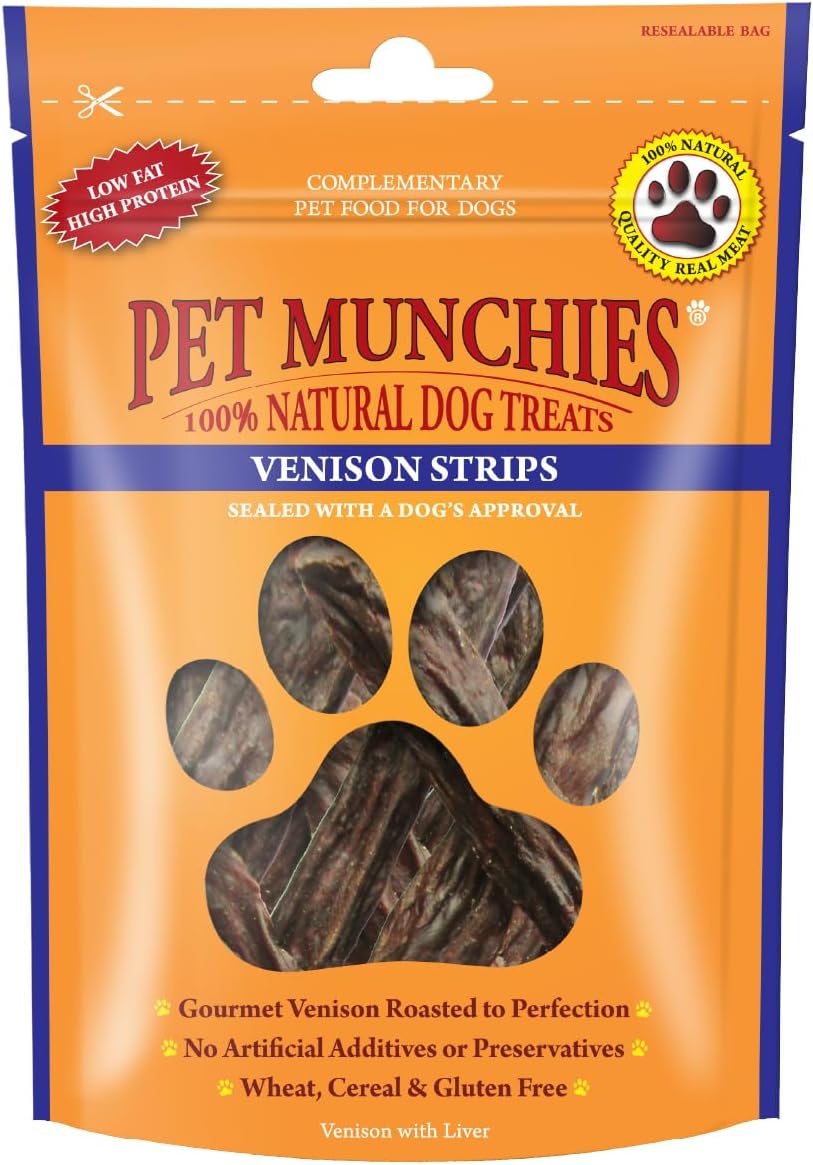 Pet Munchies Venison Strips Dog Treats, Premium Wheat Free Dog Chews with Natural Real Meat, Low in Fat and High in Protein 75g (Pack of 8)
