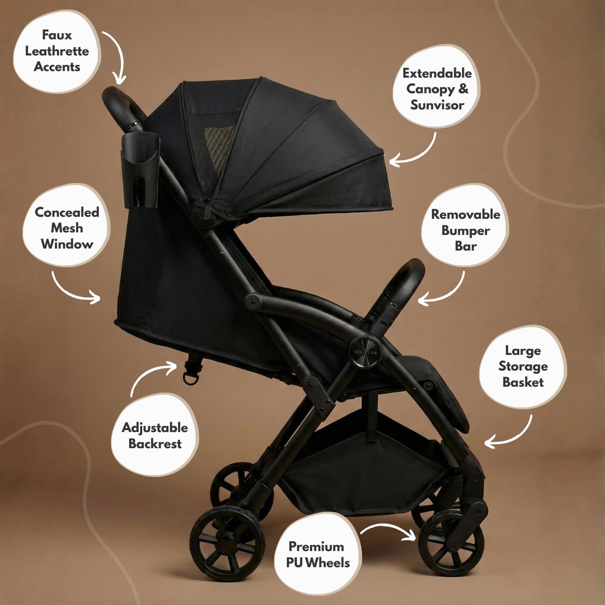 Venture Avio Stroller – Lightweight Compact Pushchair for Toddlers up to 4 Years – Travel Baby Stroller with Raincover, Cup Holder, Large Basket (Truffle)