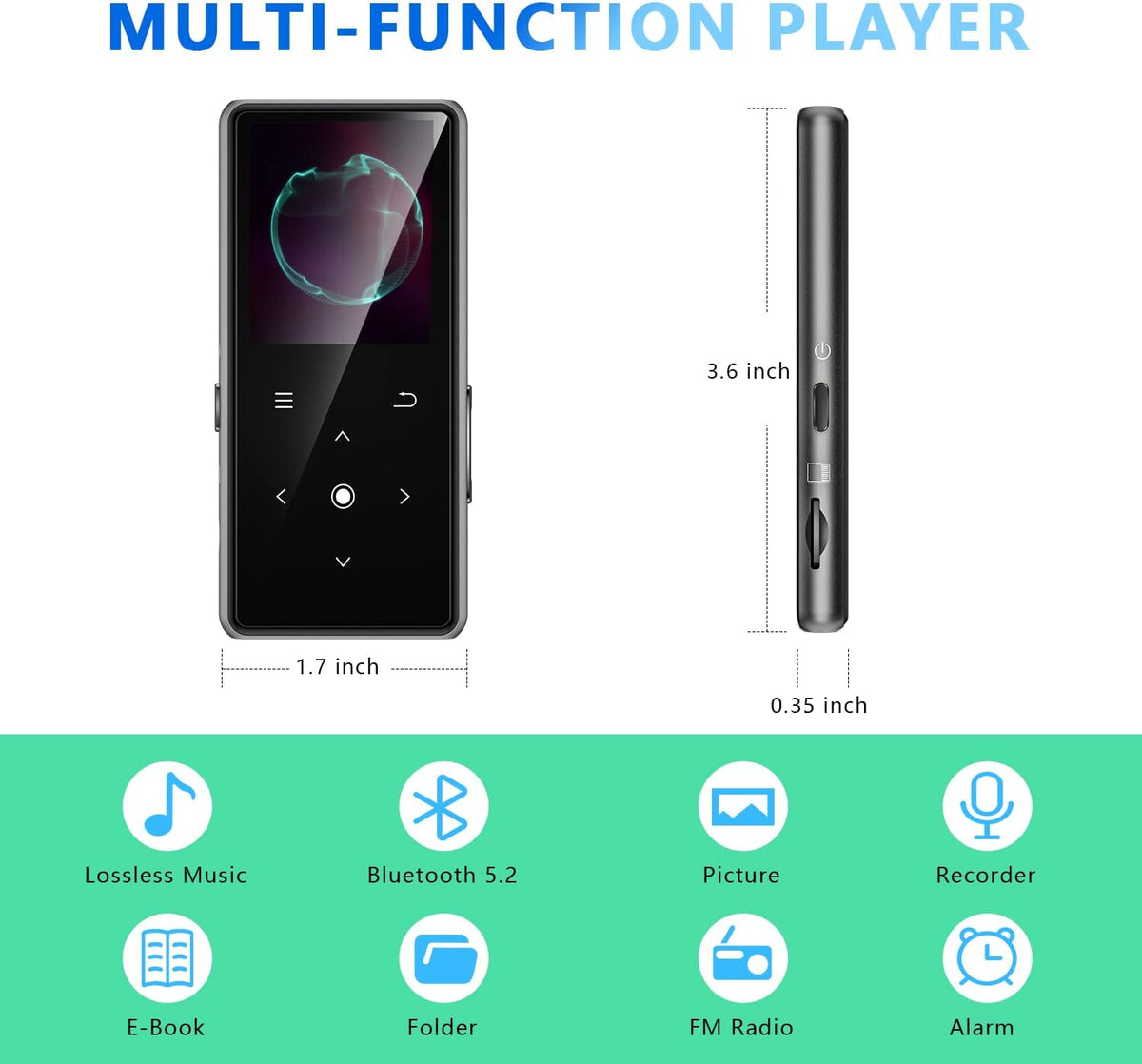 64GB MP3 Player with Bluetooth 5.2, AiMoonsa Music Player with Built-in HD Speaker, FM Radio, Voice Recorder, HiFi Sound, E-Book Function, Earphones Included