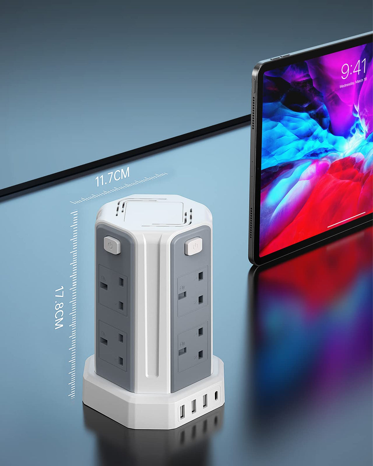 Tower Extension Lead 3M, 8 AC Outlets and 4 USB Ports Extension Tower
