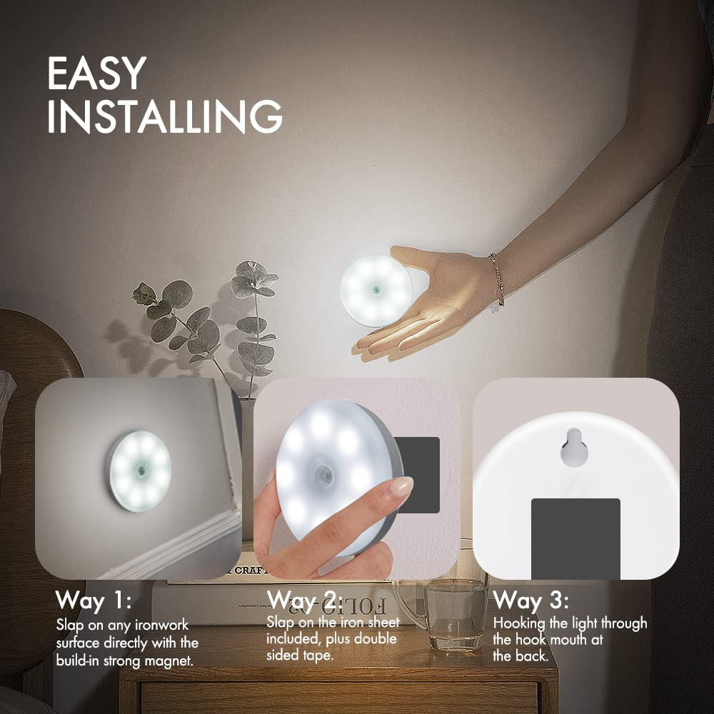 Motion Sensor Lights Indoor Rechargeable Wireless Wall Light LED Stair Night Lights Lamps with Auto/On/Off for Stairs Living Room Bathroom Corridors Closet Kitchen Under Cabinets (6000K, 3 Pack)