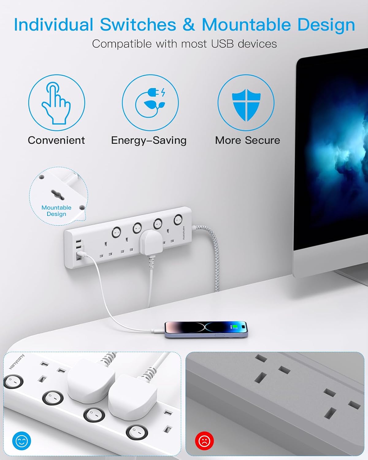 Extension Lead with USB Slots(2 USB C), 4 Way Plug Extension Socket, 1.8M
