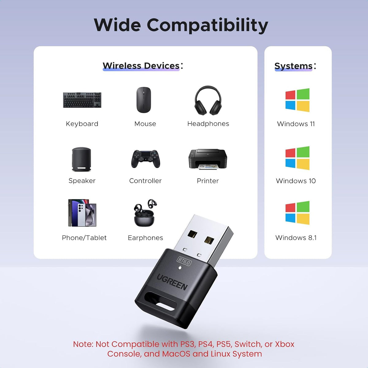 UGREEN Bluetooth 6.0 Adapter, USB Bluetooth Dongle for PC, Plug & Play