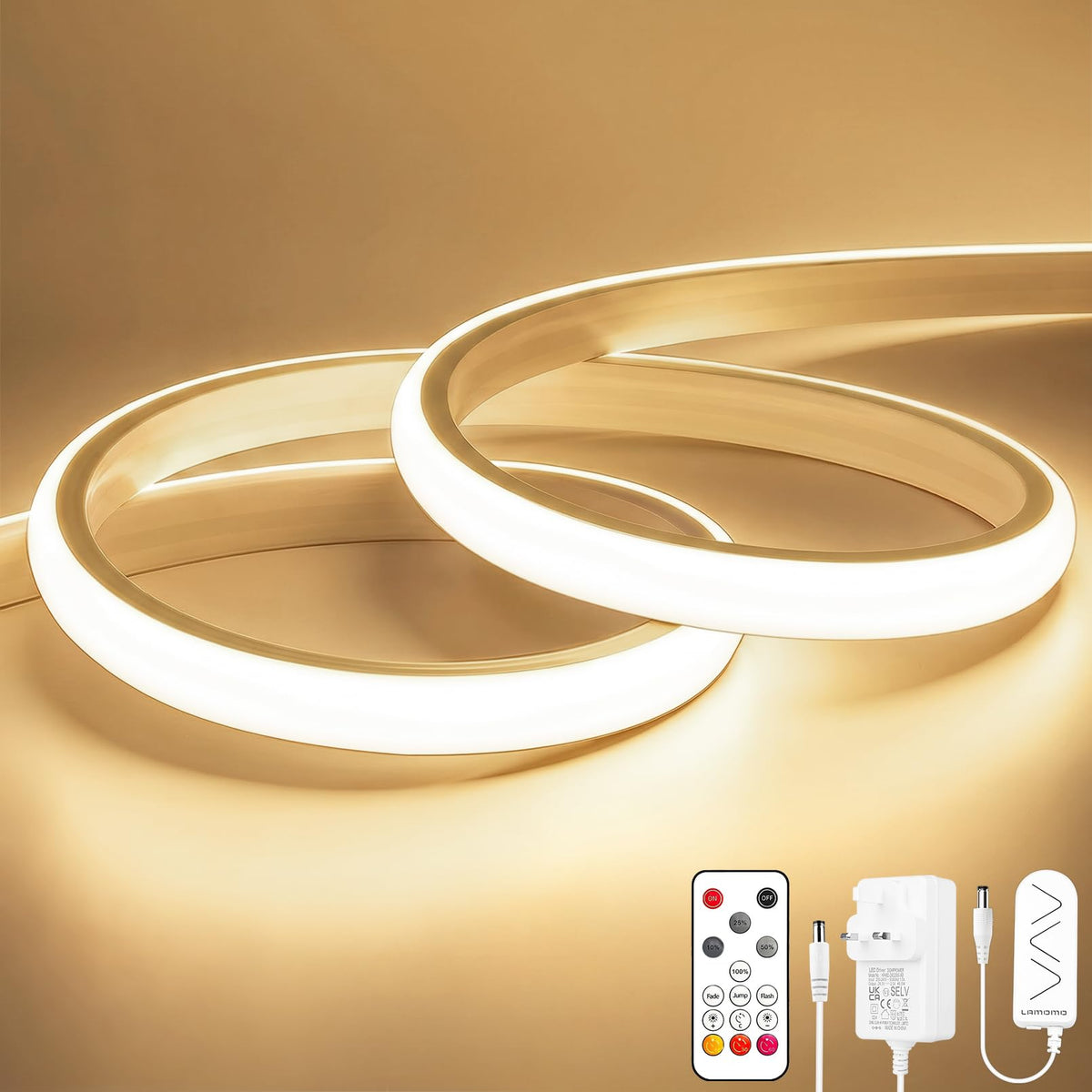 Lamomo 3M COB LED Strip Light,Warm White Dimmable Neon Rope with Remote