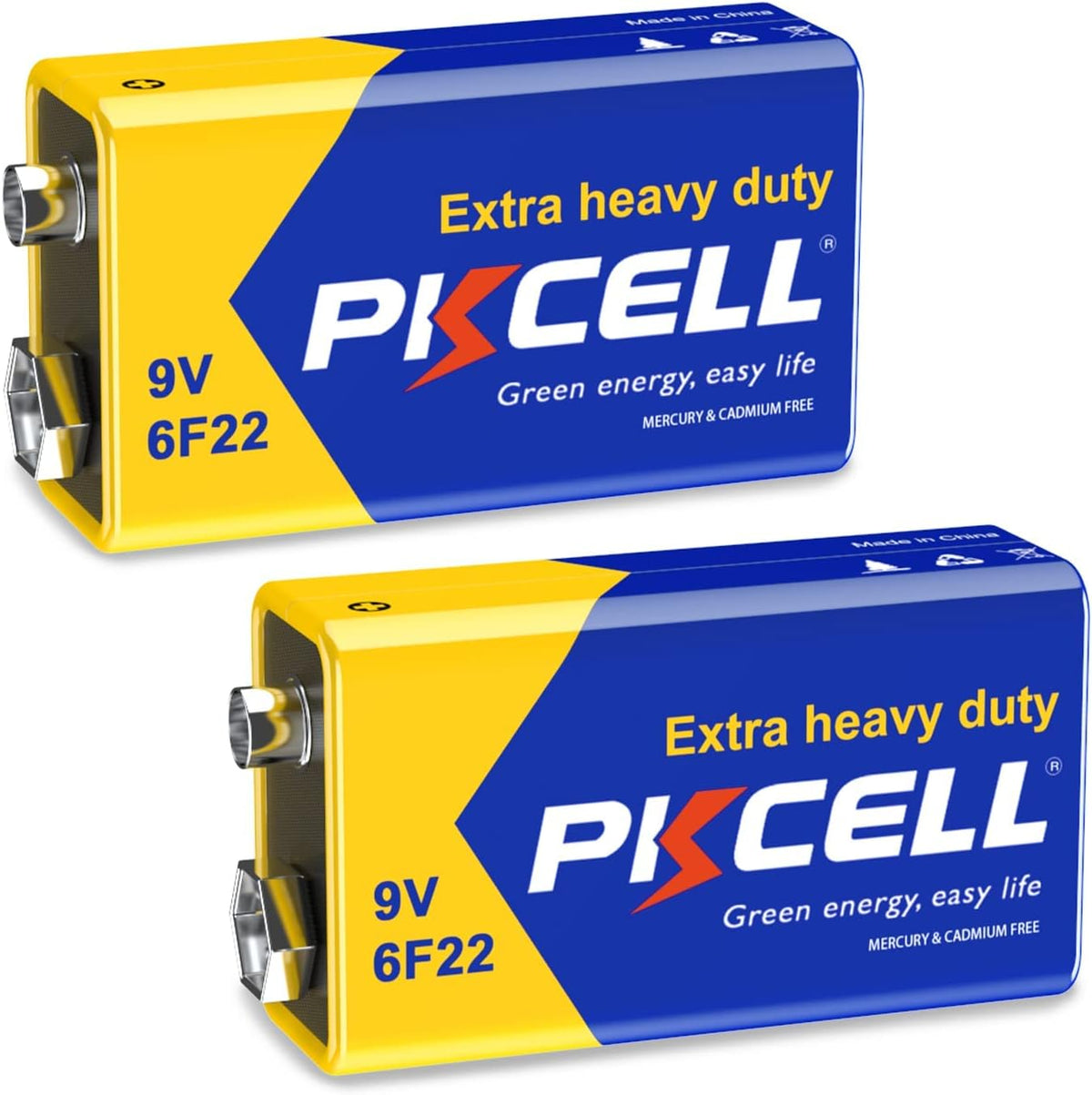PKCELL 9V Battery, Block Battery, 6F22 Batteries for Smoke Detector, Radio Camera, Toy, Pack of 2