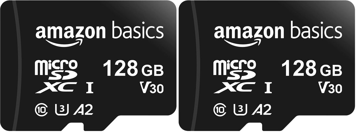 Amazon Basics microSDXC Memory Card with Full Size Adapter, A2, U3, Read Speed up to 100 MB/s, 128GB, Black