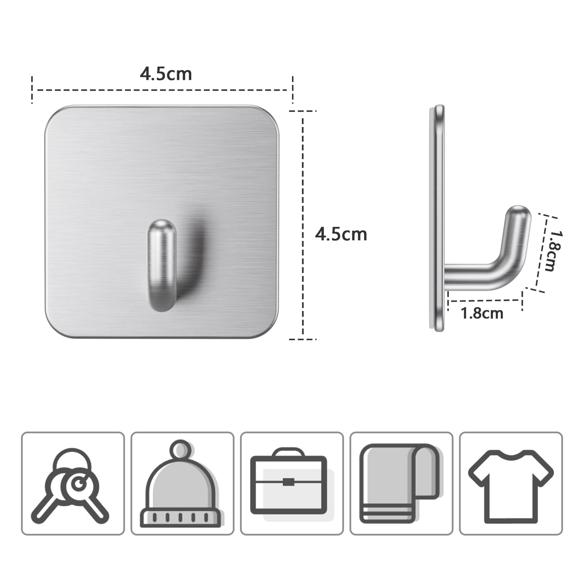 Aikzik 6 Pack Self Adhesive Hooks, Stainless Steel Sticky Hook Heavy Duty, Over 8kg Load - Hooks for Hanging for Towel, Coat, Key, Stick on Bathroom, Kitchen, Door and Wall, Black