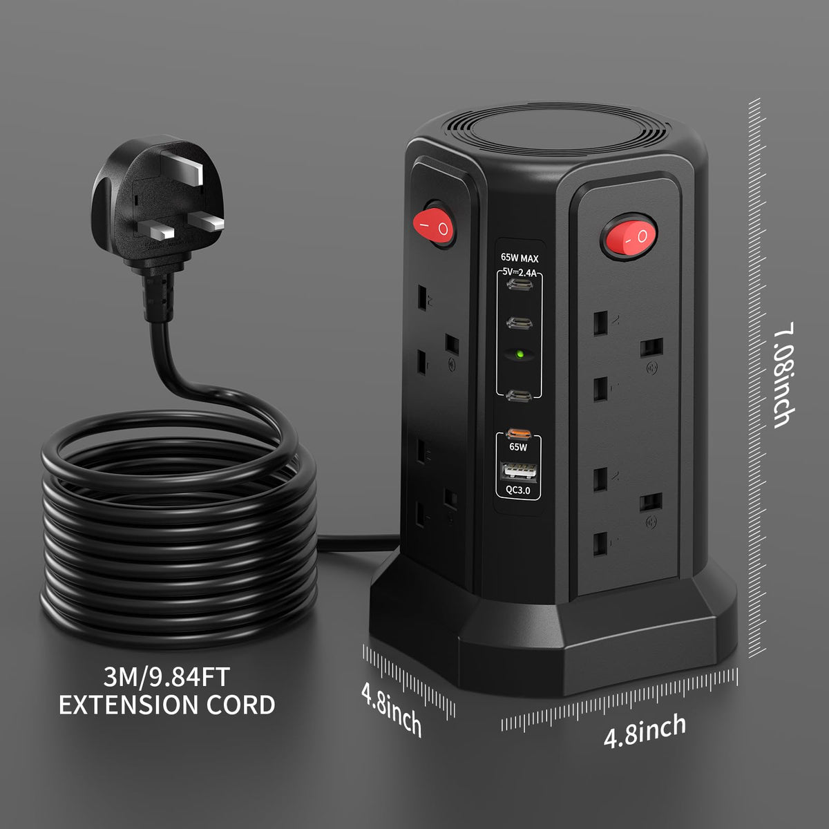 HAFINO Tower Extension Lead 3M with USB Slots and Night Light, 4 Switches