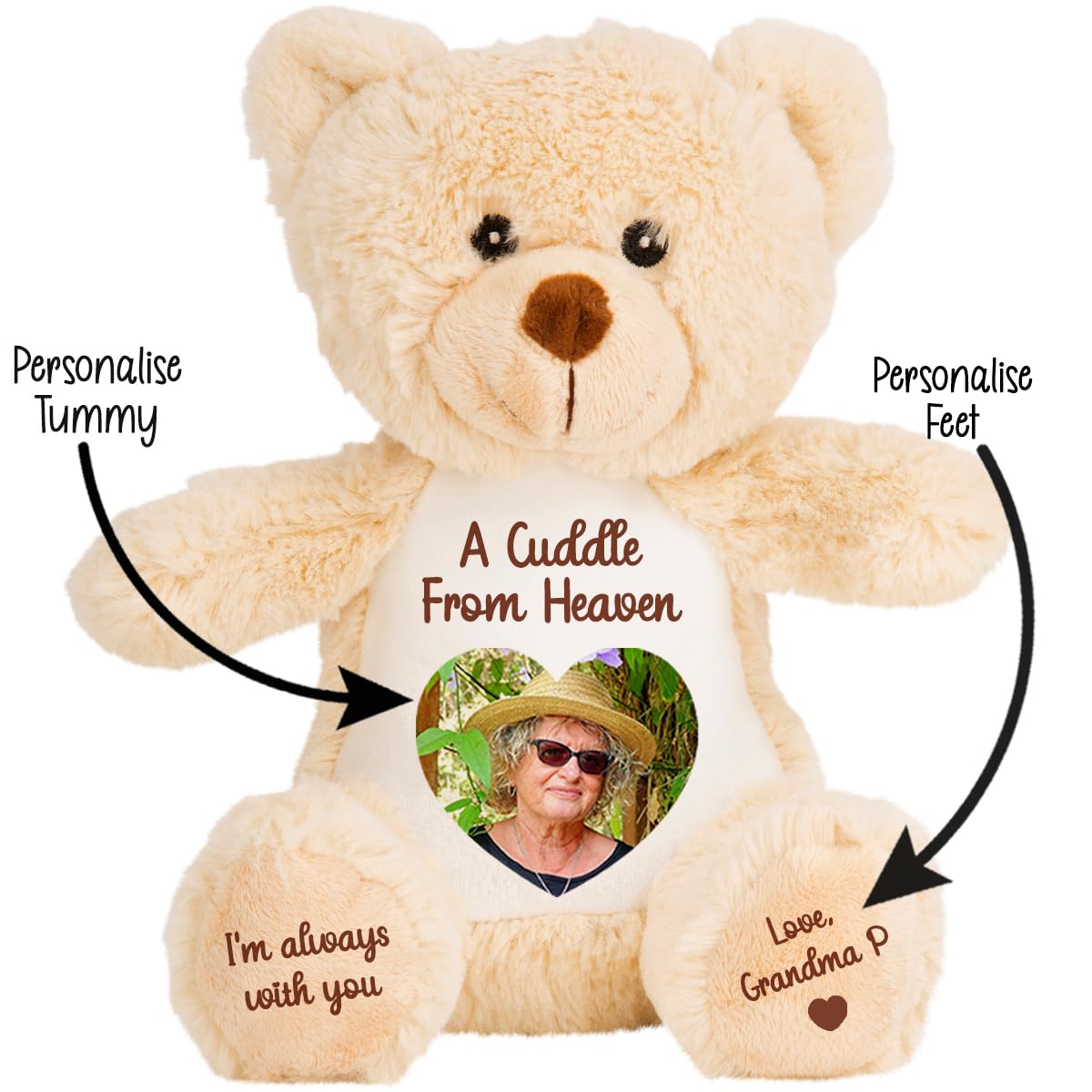 Personalised Memory Teddy Bear with Heart-Shaped Photo – “A Cuddle From Heaven” Keepsake Gift – 28 Bear Styles – Add Your Text & Choose Colour – Custom Memorial Bear (White Angel Teddy)