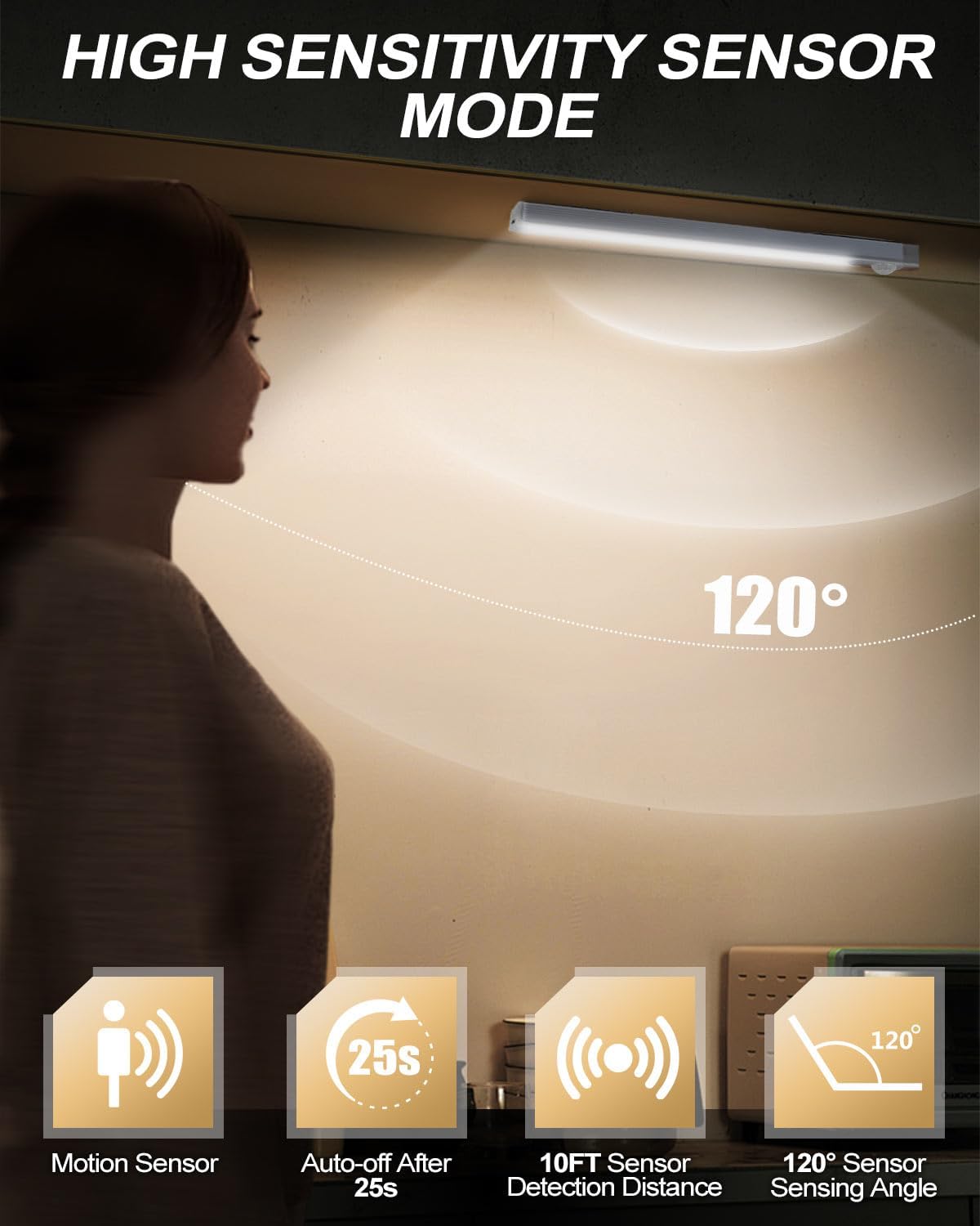Under Cabinet Kitchen Lights 4 Pack, 4 Modes, USB Motion Sensor Cupboard Light, USB Type-C, Stepless Dimming, with Magnetic Sticker, for Kitchen Wardrobe Bedroom Stairs (Cold White)