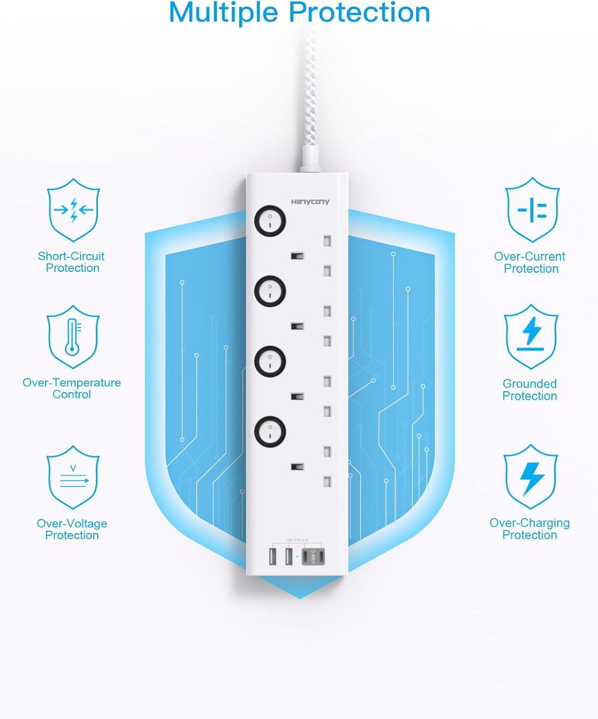 Extension Lead with USB Slots(2 USB C), 4 Way Plug Extension Socket, 1.8M