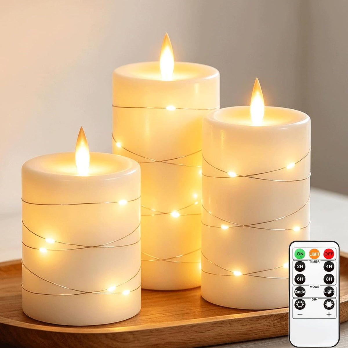 Da by 3 Pack Ivory Flameless LED Candles with Fairy Lights, Realistic Moving Flame Paraffin Wax Candles, Remote Control, Soft Warm Light, 8cm D x 12.5/14.5/16.5cm H, Indoor Wedding Home Decor