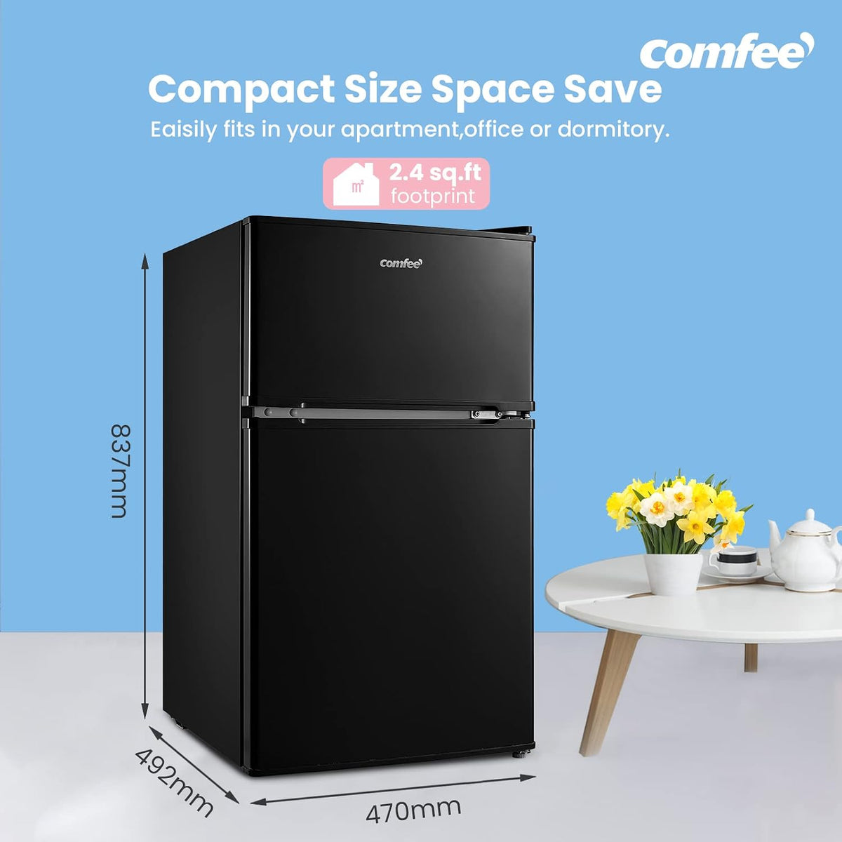 COMFEE' 87L Under Counter Fridge Freezer, Reversible Door, RCT87BL2(E)
