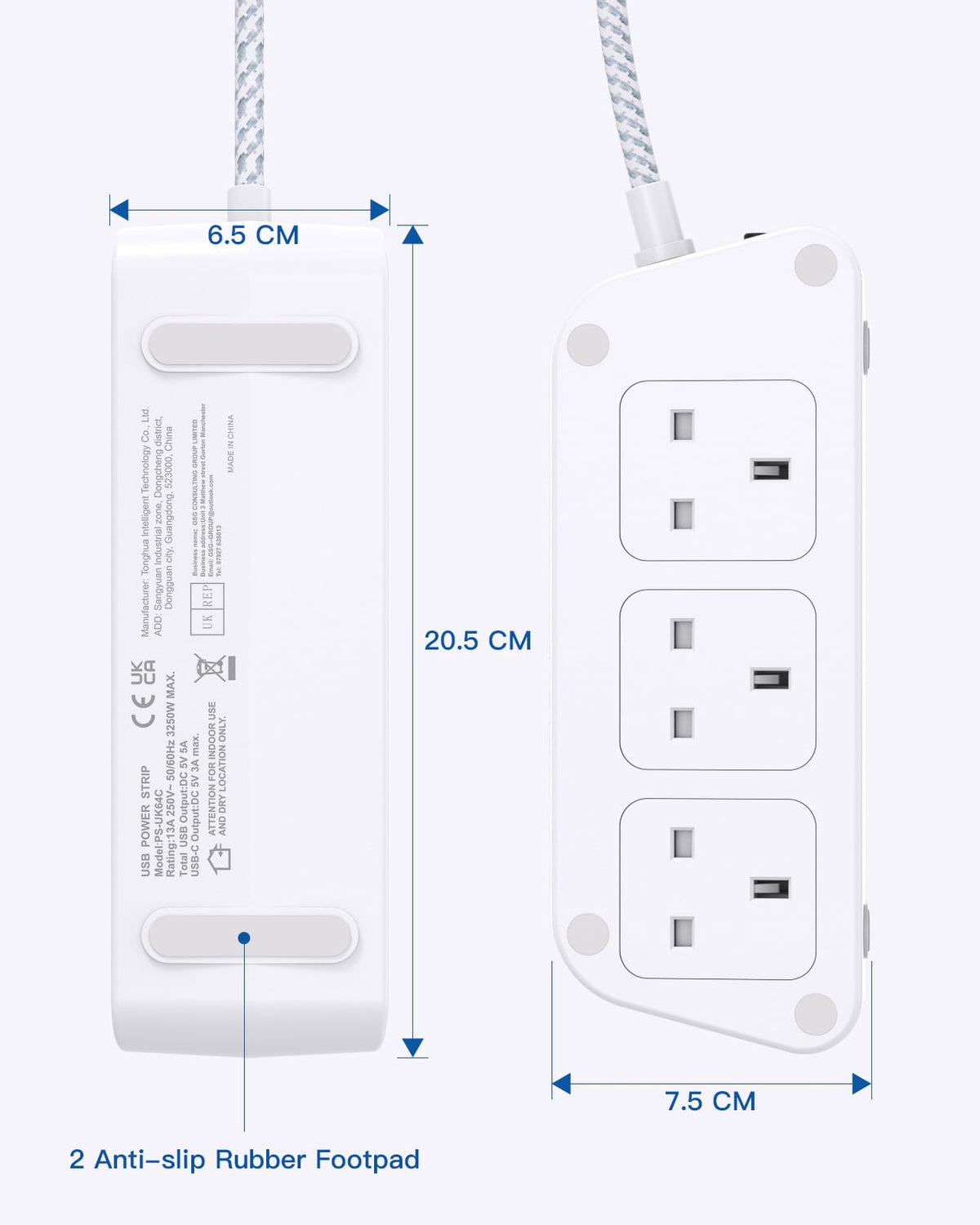 Addtam Extension Lead with USB Slots, 6 Way Outlets 5 USB(5A, 3USB- C Port)