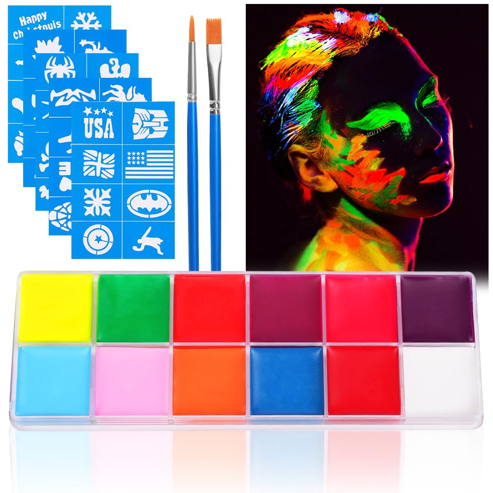 URAQT Face Paint Kit, 15 Color Face & 15 Color Neon Ultraviolet Painting with 2 Brushes 80 Stencils, Washable Safe Body Paint for Adults Kids Halloween Party Carnival, Makeup Paint Non-Toxic to Use