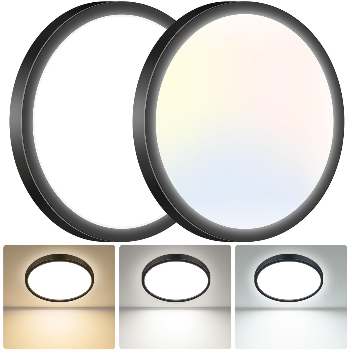 hepside Bathroom Light, 3000K/4000K/6500K 3 Color Temperature LED Ceiling Light, 15W 1500LM, Waterproof, Round, Small, Modern, Flush Ceiling Light for Bathroom, Kitchen, Bedroom, Black