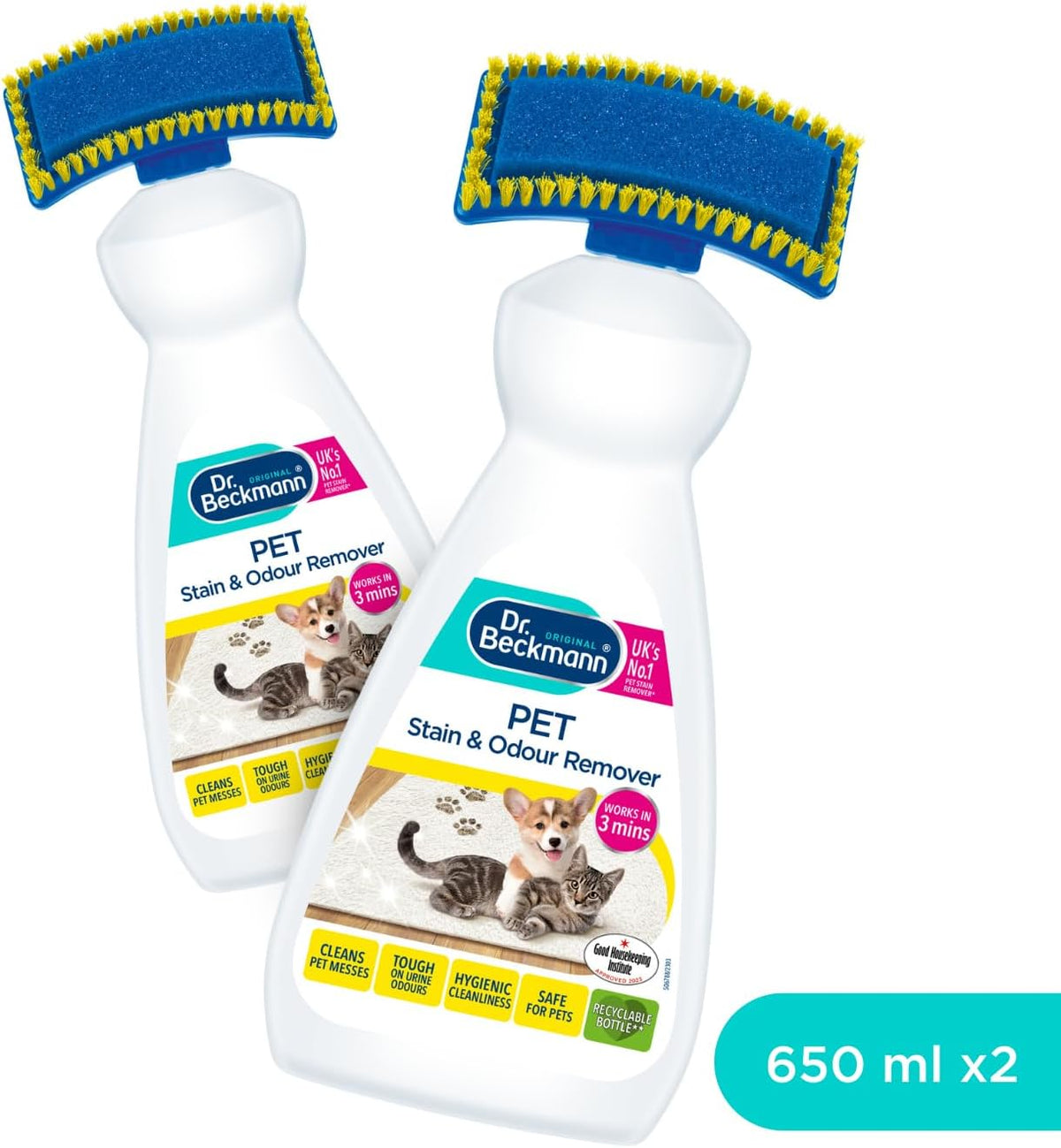 Dr. Beckmann Pet Stain and Odour Remover with Applicator Brush, 2 x 650ml