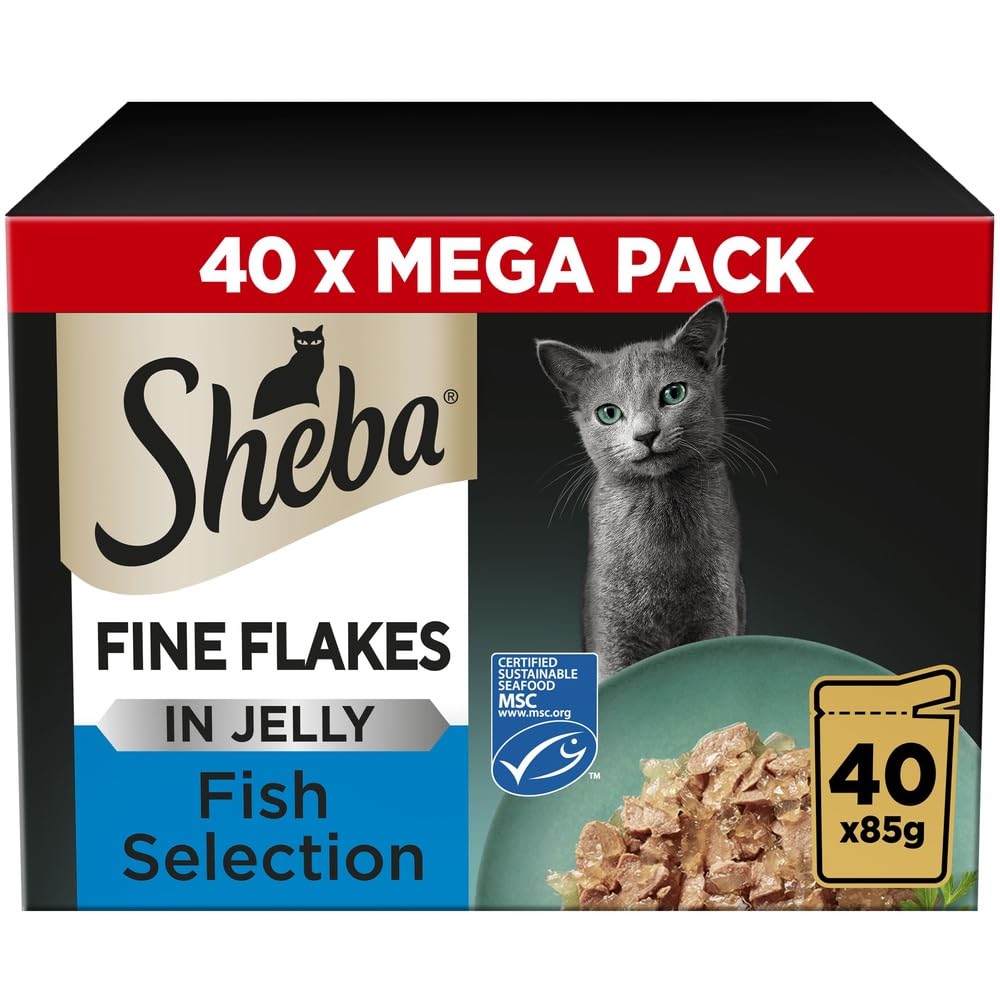 Sheba Fine Flakes in Jelly – Poultry Collection – Wet cat food pouches for adult cats – 40x85g pack