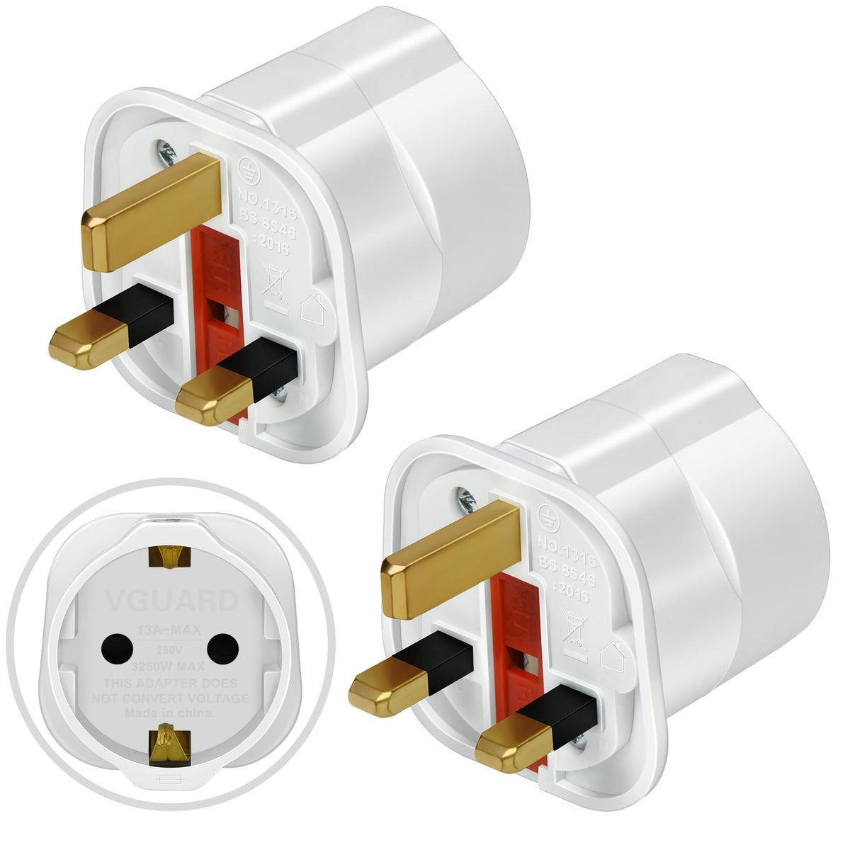 VGUARD European to UK Plug Adapter 2 Pack BS8546 Certified Travel Adapter 2-Pin to 3-Pin, EU Schuko to UK Plug with 13A Fuse for Europe French Spanish German Turkish to UK Socket - Black