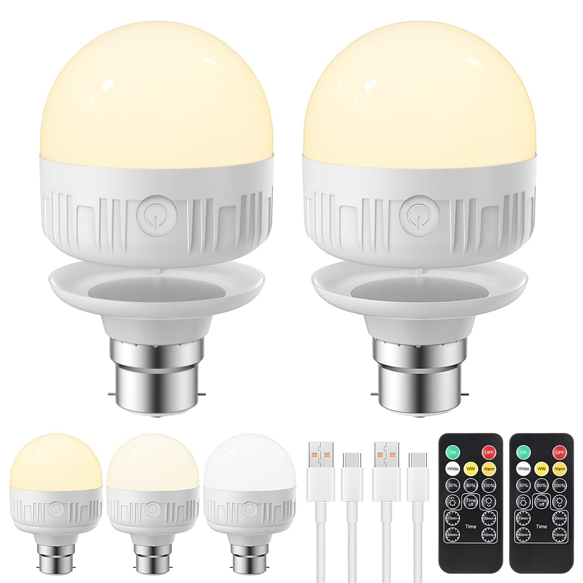 LGMCF E14 Rechargeable Light Bulb, 8W, 3 Colors, Timer, Dimmable, 2 Pack