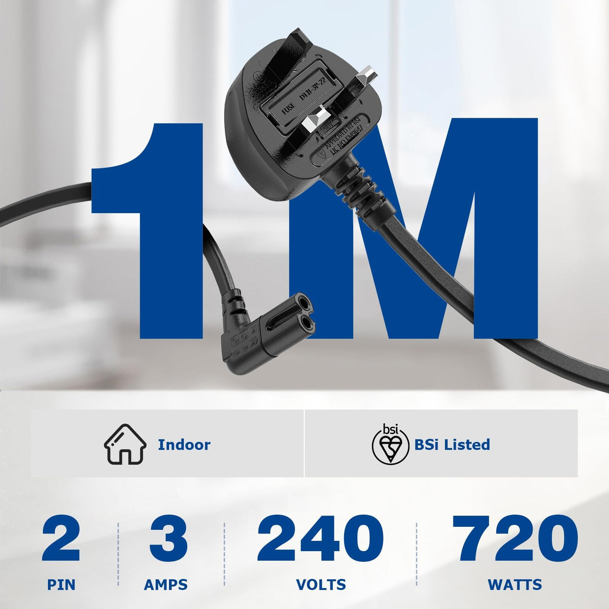 2M Power Cable Compatible with Samsumg TV, Mellbree Quality Safe Right Angle Suitable for Awkward Space Figure 8 Power Cable Compatible with Samsung, LG, Panasonic TV Black