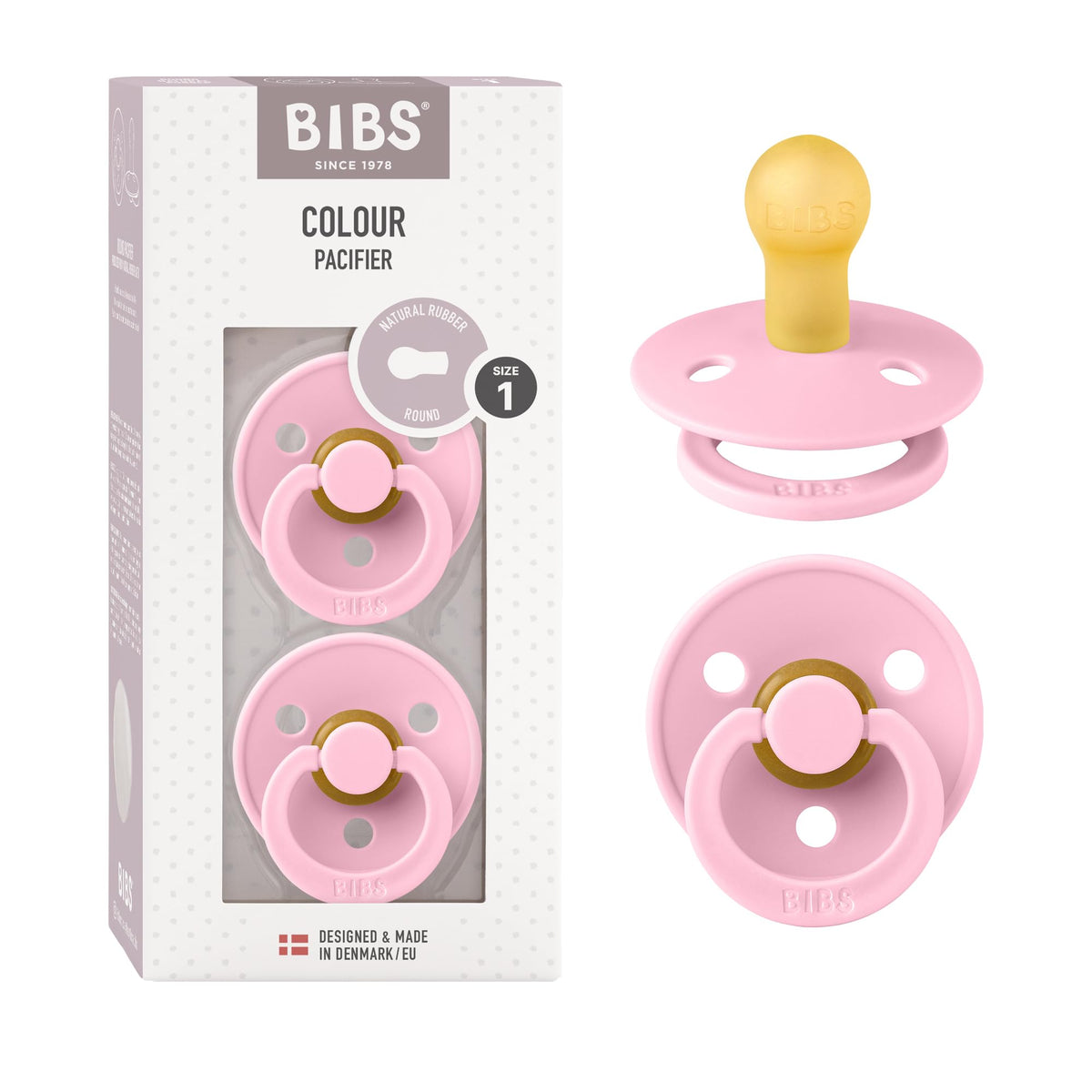 BIBS Colour Soother 2-Pack, BPA Free Dummy Pacifier, Round Nipple. Natural Rubber Latex, Made in Denmark, Size 2 (6-18 Months), Baby Blue