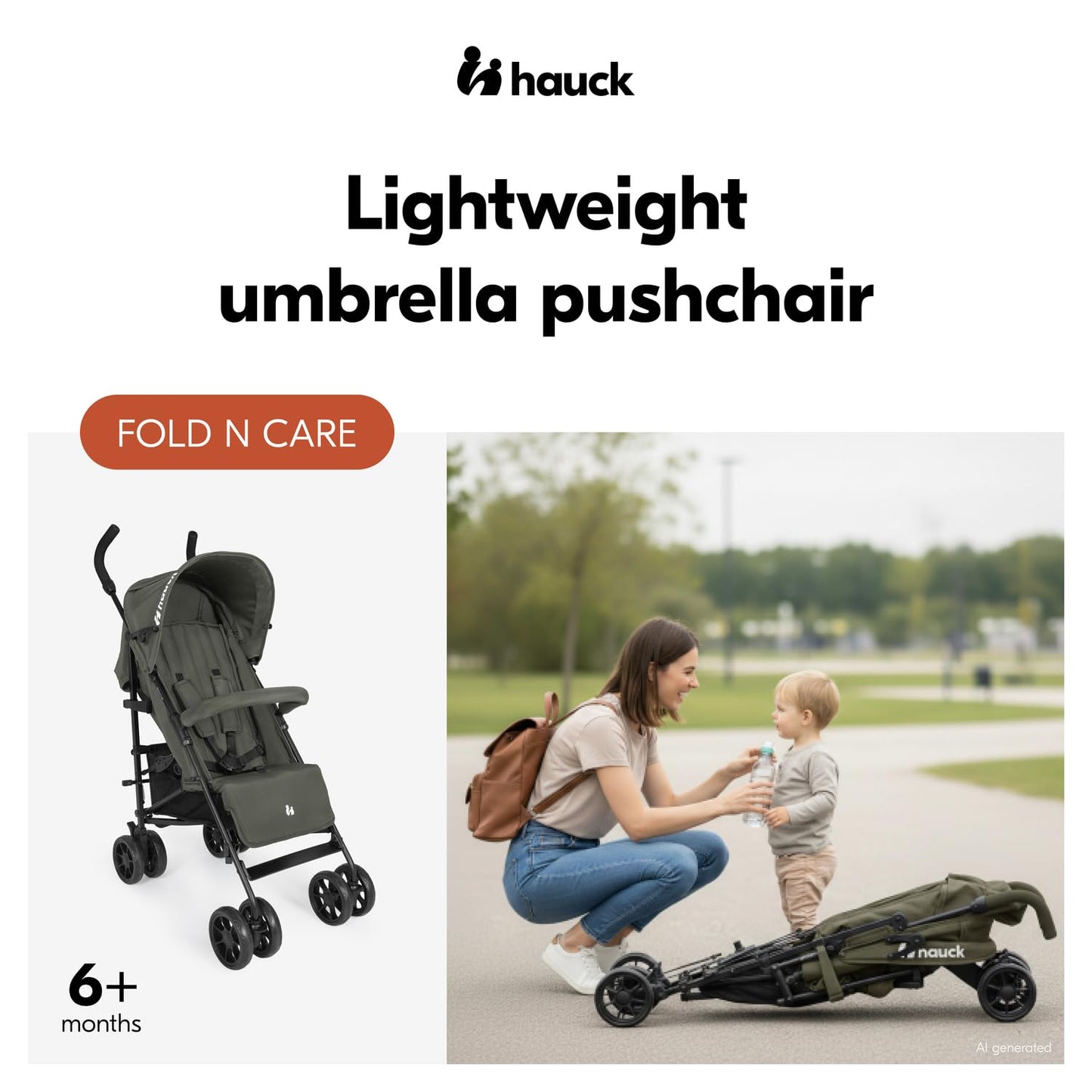 Hauck Fold N Care, Black (No Raincover) - Lightweight Umbrella Pushchair with Raincover from 6 Months to 22 kg, Lie Flat, Compact Fold, Sun Canopy UPF 50+, EVA Wheels, Large Basket, Travel Stroller