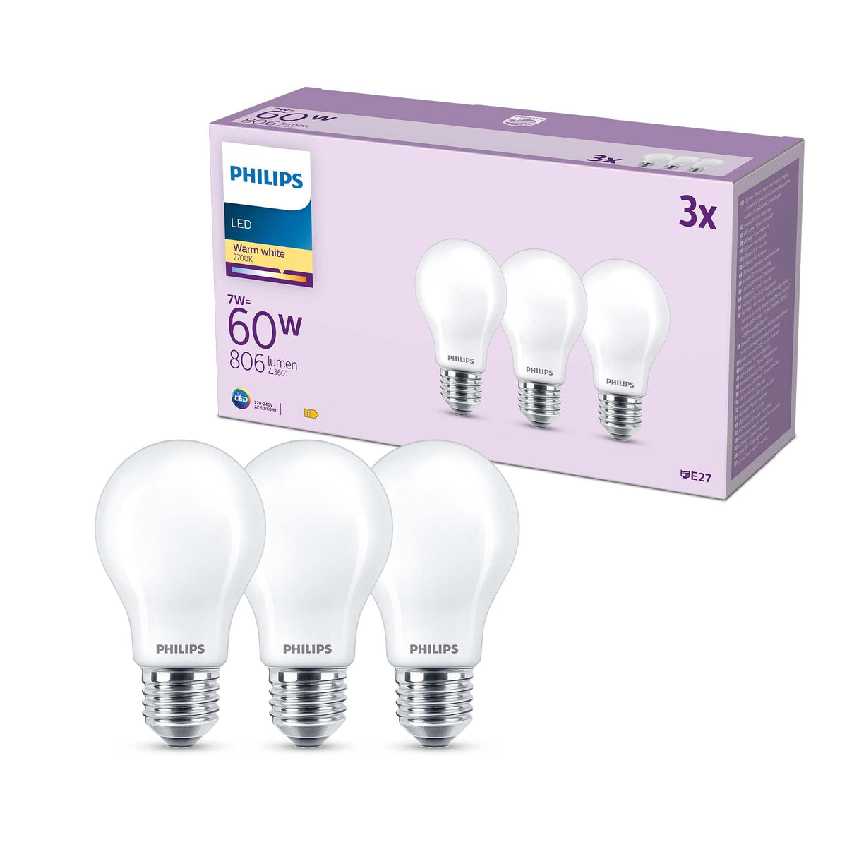 PHILIPS LED Frosted A67 Light Bulb 3 Pack [Warm White 2700K - E27 Edison Screw] 100W, Non Dimmable. for Home Indoor Lighting