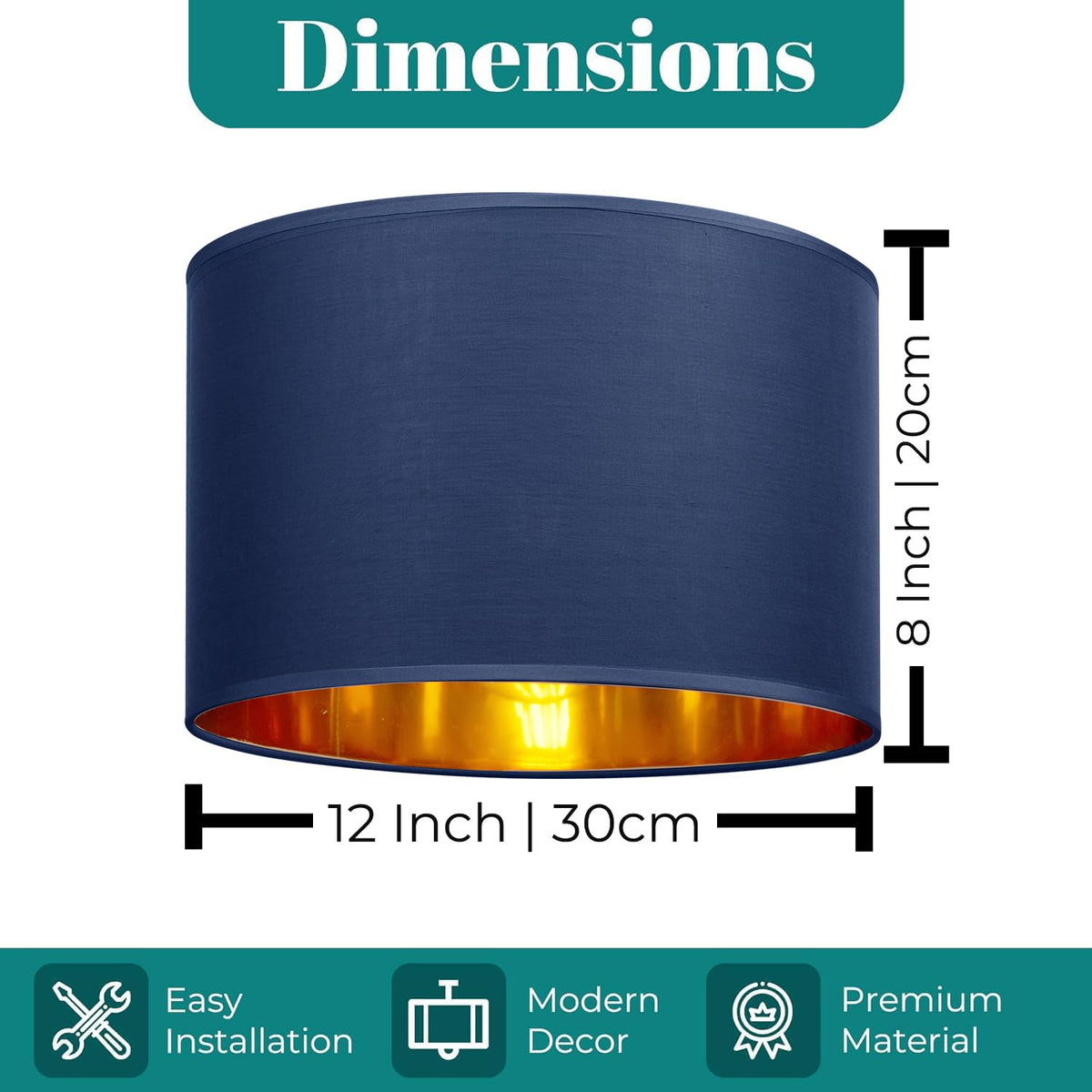 GIGGI Fabric Lamp Shades with Golden Inner Light Shade Ceiling – Modern Lampshades for Ceiling Lights, Lamp Shades for Table Lamps, Floor Lamps, Living Room, Bedroom, Home Décor (Green, 12")