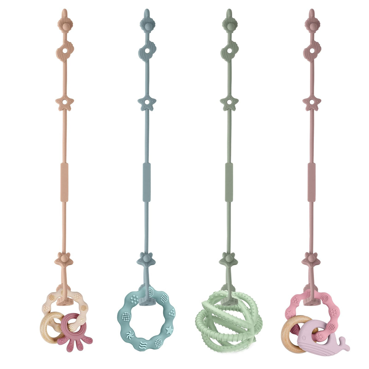 Vicloon Silicone Toy Clip, 4Pcs Toy Safety Straps, Food Grade Silicone Pacifier Clips Sippy Cup Strap, Adjustable Stroller Pacifier Strap Hanging Toys, Anti Drop Chain for 18+ Month(Blue/Green)