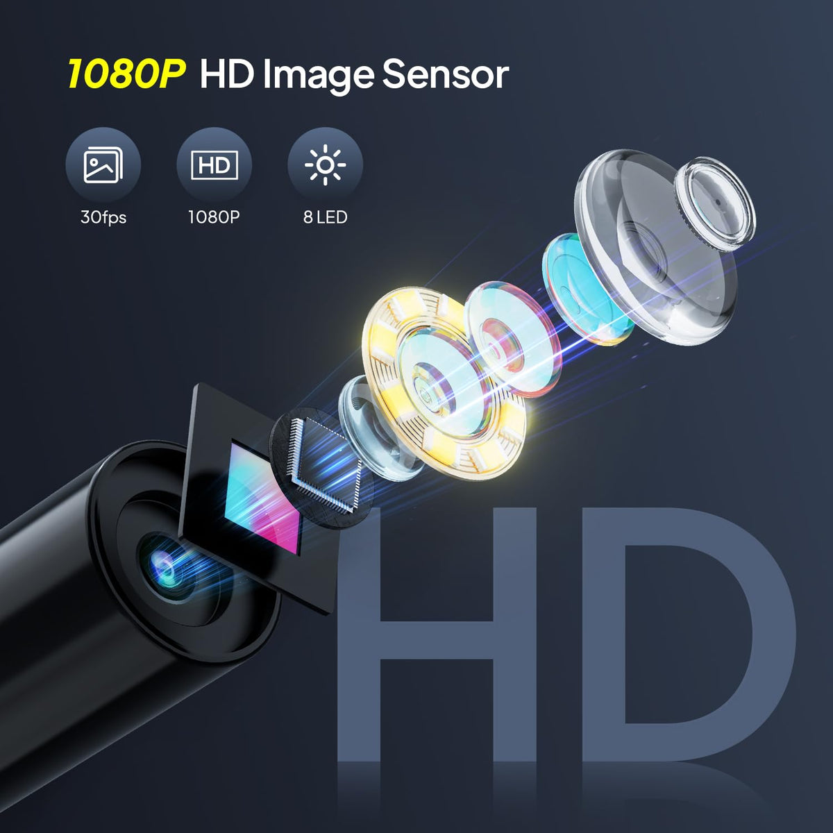 Endoscope Inspection Camera, Qimic 2.4'' IPS Screen Borescope with 8 LED Lights, IP67 Waterproof Endoscope, 1080P HD Snake Camera, 33FT Semi-Rigid Cable, Gadgets for Men