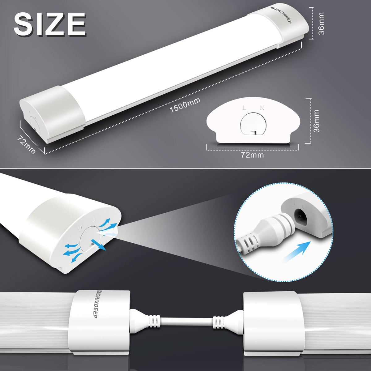 Plug and Play LED Batten Light 4ft with 3m Cable, 36w, 6500K