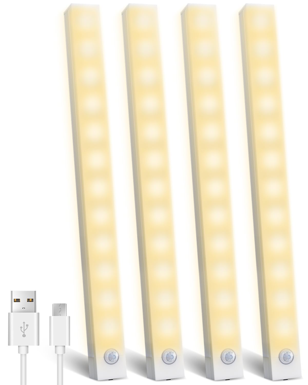 Under Cabinet Kitchen Lights 4 Pack, 4 Modes, USB Motion Sensor Cupboard Light, USB Type-C, Stepless Dimming, with Magnetic Sticker, for Kitchen Wardrobe Bedroom Stairs (Cold White)