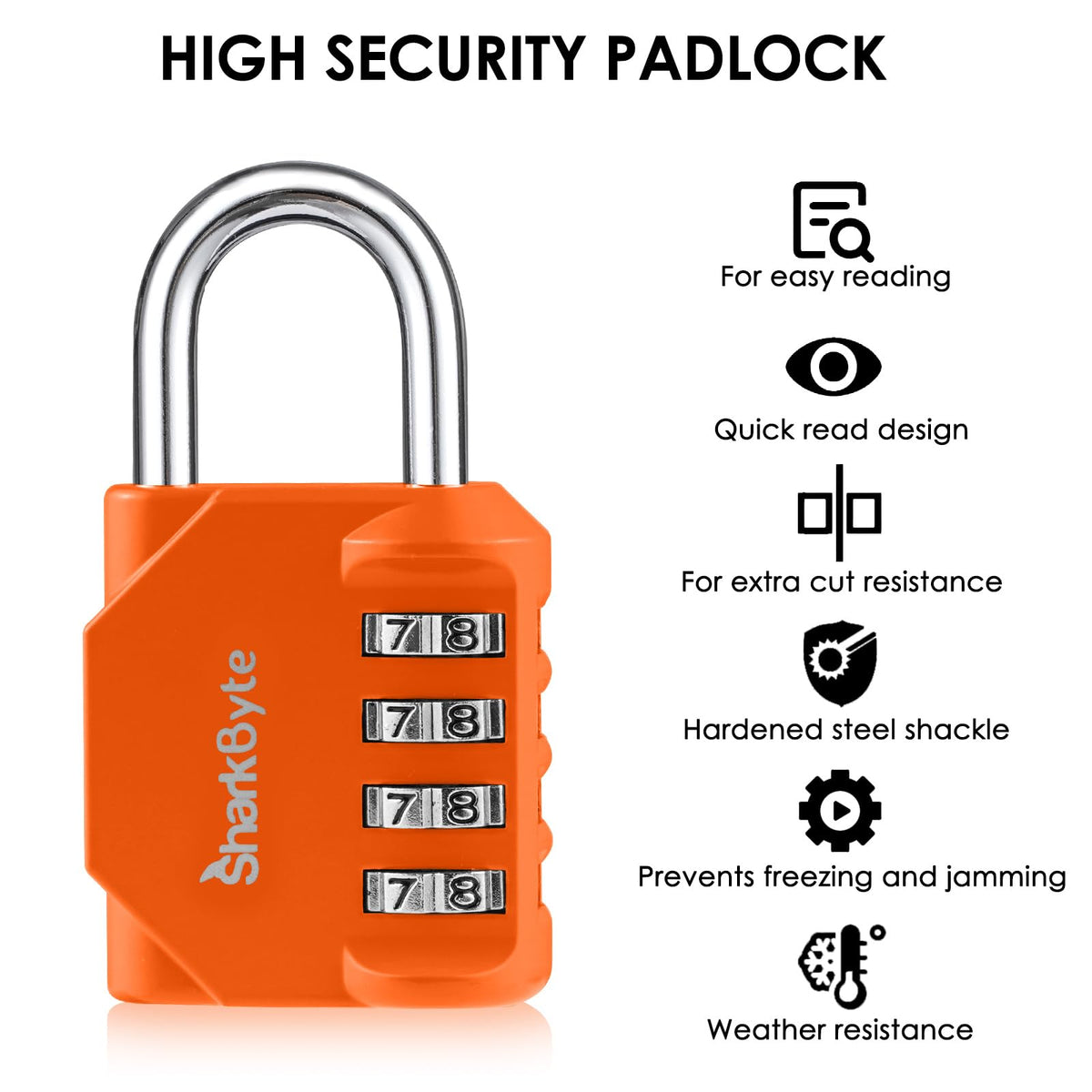 SharkByte Heavy Duty Combination Padlock – 4-Digit Weatherproof Outdoor Lock with Stainless Steel Shackle, Anti-Rust Resettable Code for Gym, School, Locker, Shed, Toolbox, Gate & Warehouse - Red