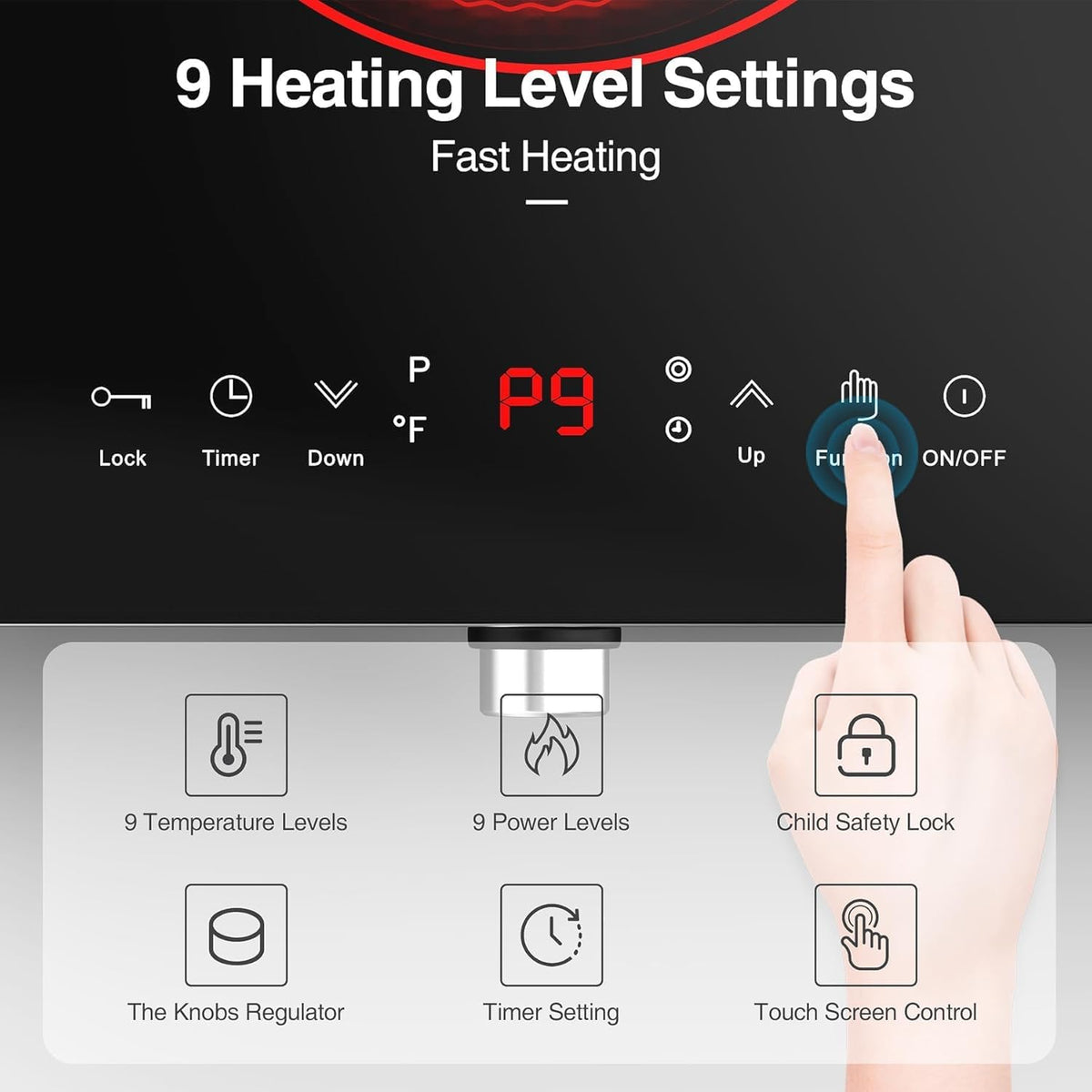 VBGK 2 Ring Electric Hob with Knob, 220V 3000W Double Ceramic Hob, 9 Power Levels, Kids Lock & Timer, Hot Surface Indicator, Overheat Protection, Knob and Touch Control Double Electric Hob