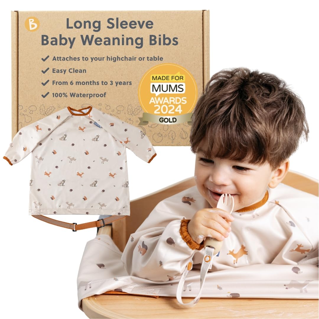 BIBaDO Long Sleeve Baby Bibs - Coverall Weaning Bib with Highchair Strap