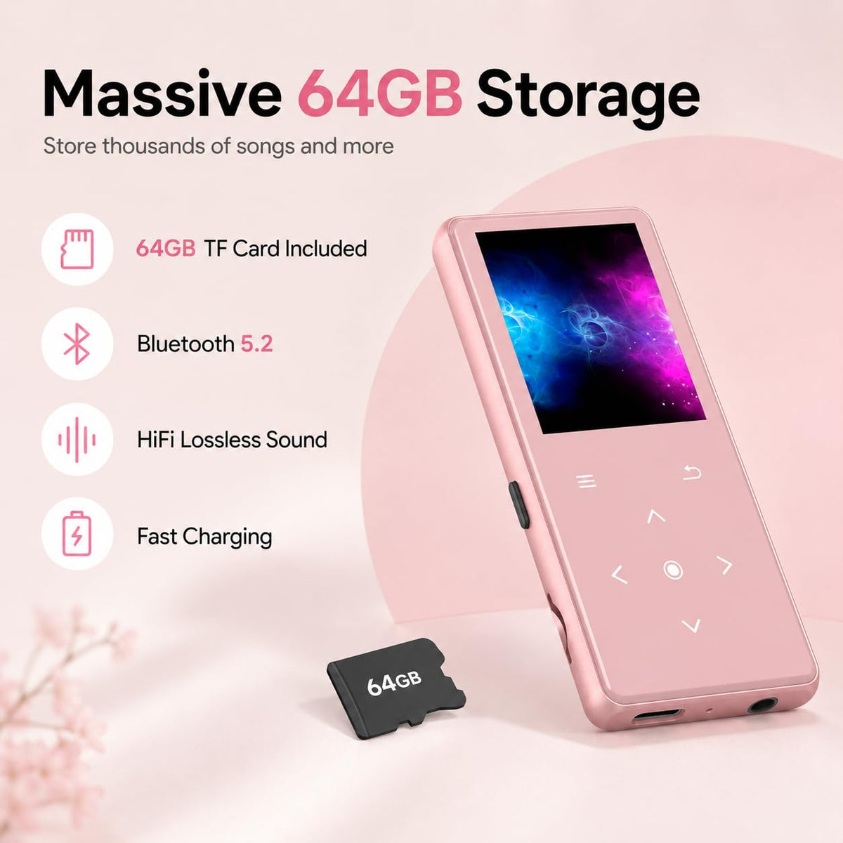 64GB MP3 Player with Bluetooth 5.2, AiMoonsa Music Player with Built-in HD Speaker, FM Radio, Voice Recorder, HiFi Sound, E-Book Function, Earphones Included