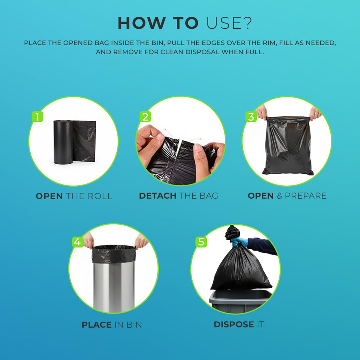 Roe Tenpo 100 Pack Heavy Duty Black Bin Bags – 100L, 33 μm Recyclable Refuse Sacks, Leak-Proof Bin Liners – Rubbish Bags for Kitchen, Home, DIY & Garden, Household, Office & Catering