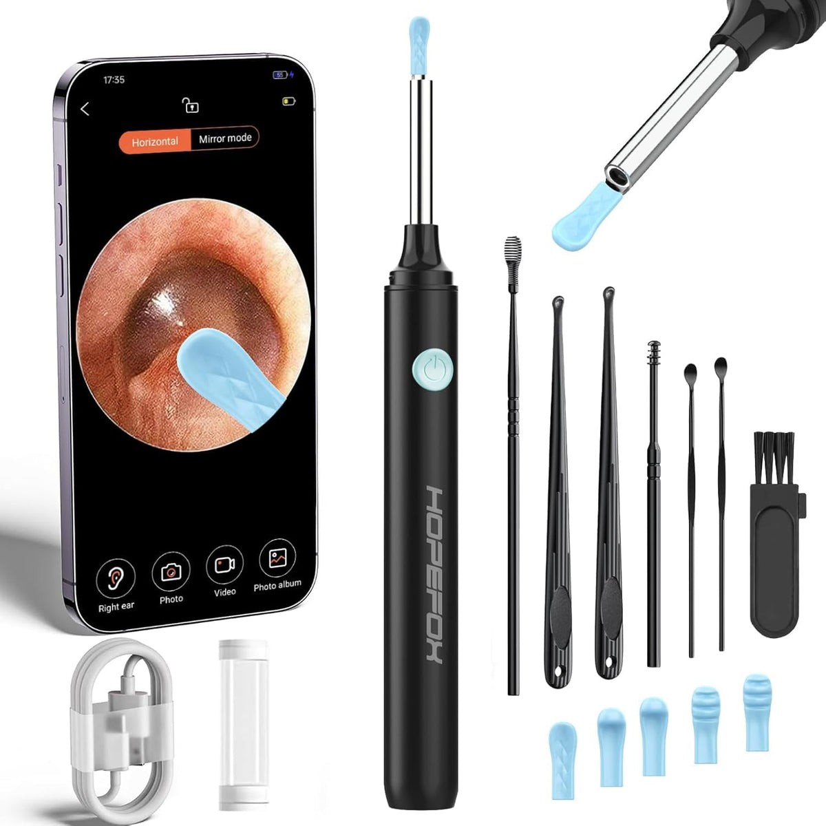 Ear Wax Removal Kit - Ear Cleaner Ear Camera - Ear Wax Remover with 6 Pcs Ear Set - Ear Wax Removal Tool - WiFi Cleaner Camera with 6 Silicon Ear Spoon - Ear Cleaning for iOS & Android (Black)