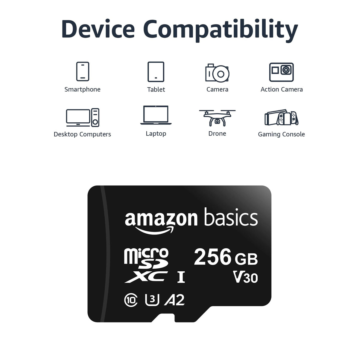 Amazon Basics microSDXC Memory Card with Full Size Adapter, A2, U3, Read Speed up to 100 MB/s, 128GB, Black
