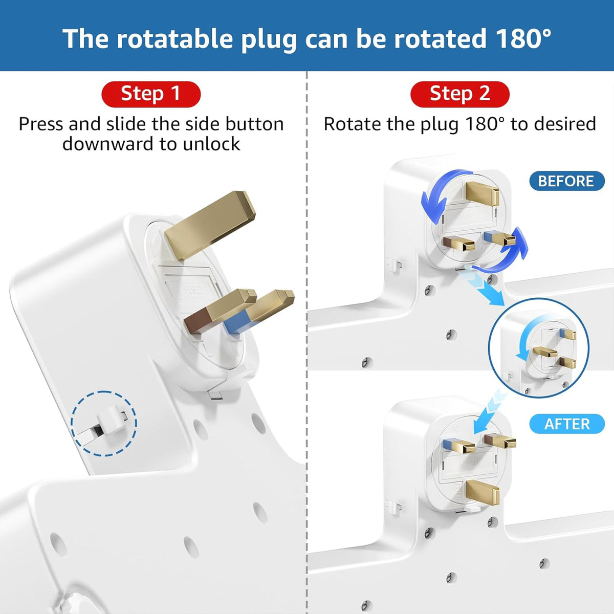 Plug Extension Socket, 4 Way Plug Adapter with 180 Degree Rotating UK Plug, 13A Fused Multi Plug Adaptor with 4 Independent Switches, Wall Socket Extension for Home Office Kitchen