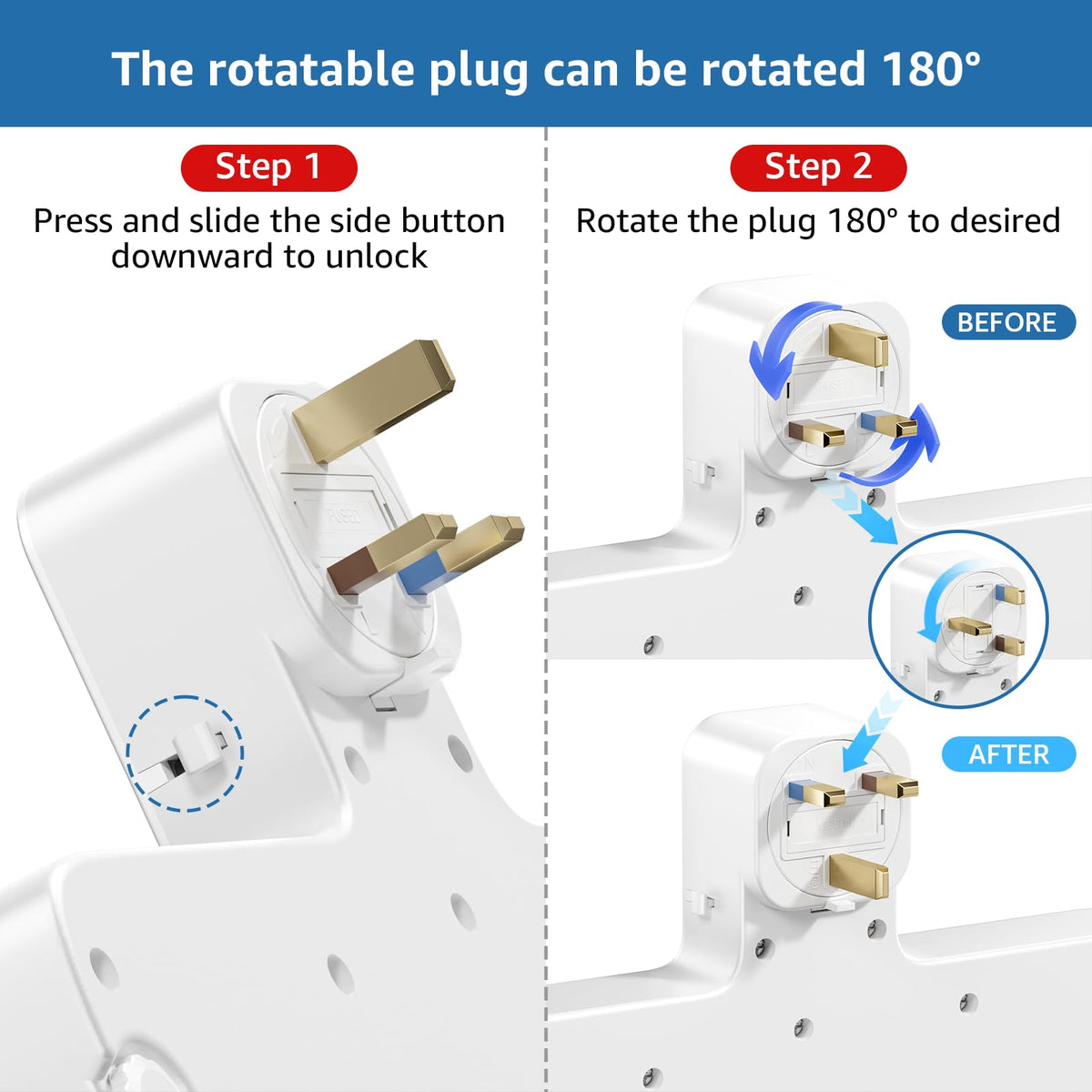Plug Extension Socket, 4 Way Plug Adapter with 180 Degree Rotating UK Plug, 13A Fused Multi Plug Adaptor with 4 Independent Switches, Wall Socket Extension for Home Office Kitchen