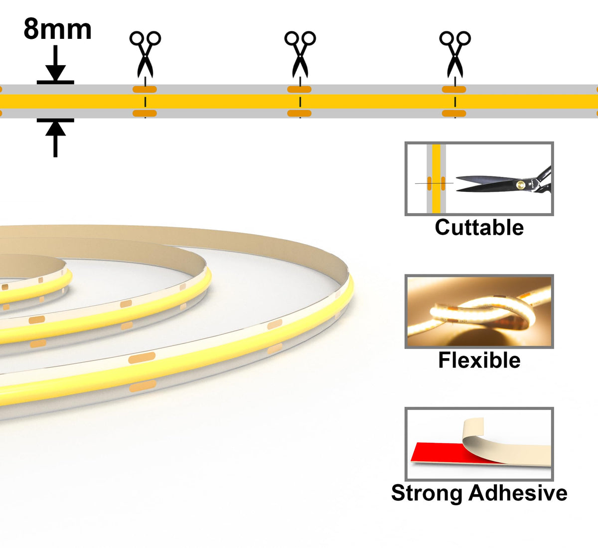 COB LED Strip 7.5m Warm White, 3000K, 24V, Remote Control, 8mm Wide