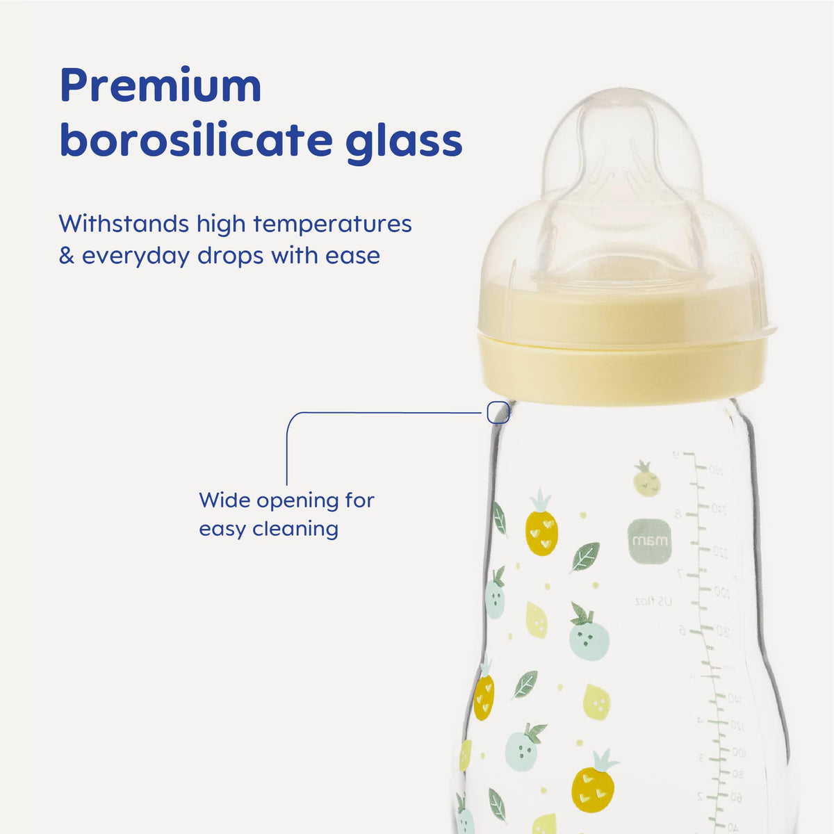 MAM Glass Bottle, 2X 260ml, with SkinSoft Silicone Teat, Yellow