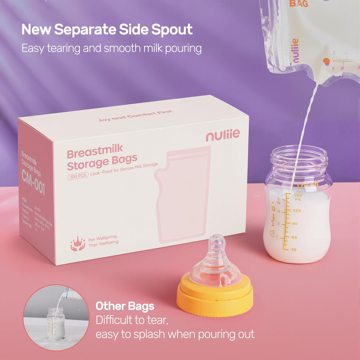 Nuliie 120 Pcs Breast Milk Storage Bags, 250ml BPA Free Milk Storage Bags with Pour Spout for Breastfeeding, Self-Standing or Flat Pre-sterilised Bag, Space Saving for Fridge or Freezer Use