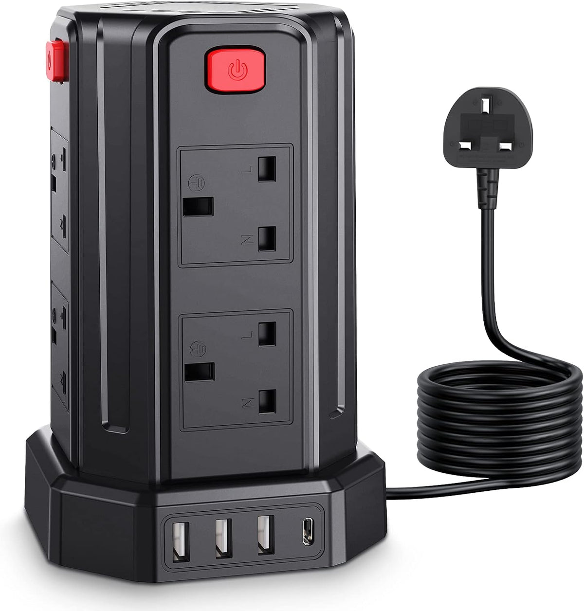 Tower Extension Lead 3M, [13A 3250W] Extension Lead, 8 AC Outlets & 4 USB Ports Multi Plug Socket Power Strip with 3M Extension Cable for Home, Office