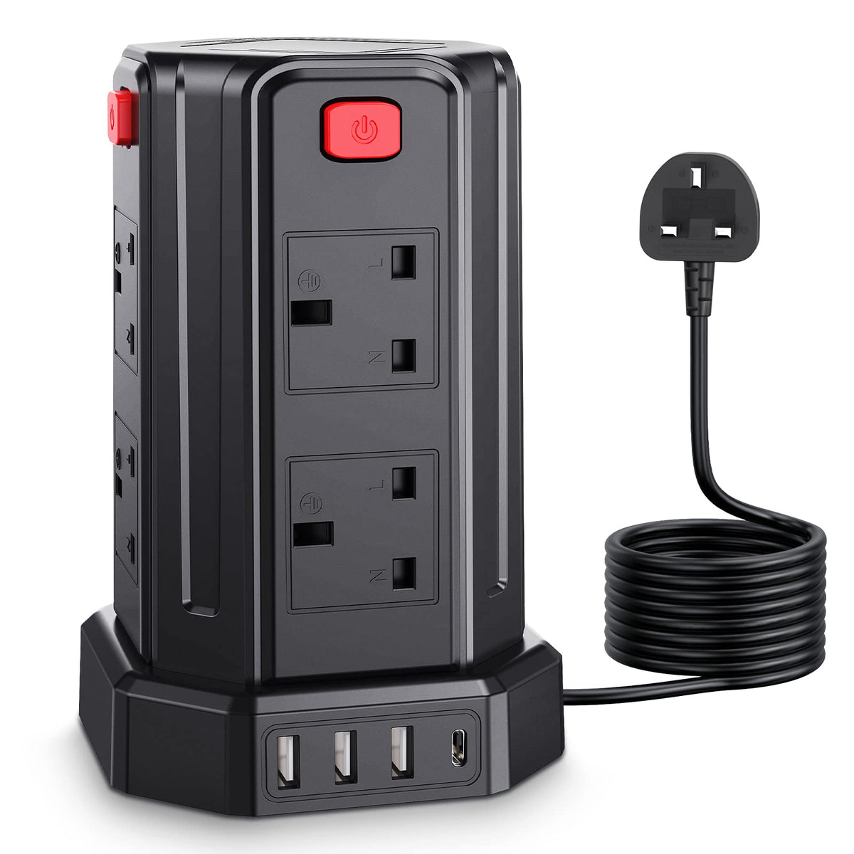 Tower Extension Lead 3M, [13A 3250W] Extension Lead, 8 AC Outlets & 4 USB Ports Multi Plug Socket Power Strip with 3M Extension Cable for Home, Office