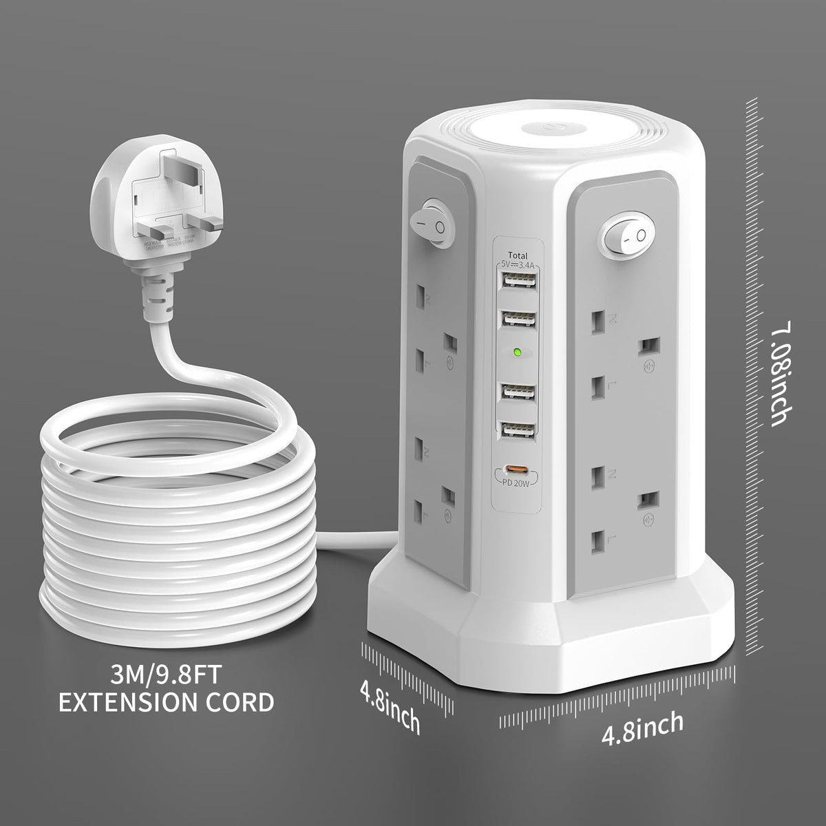 HAFINO Tower Extension Lead 3M with USB Slots and Night Light, 4 Switches