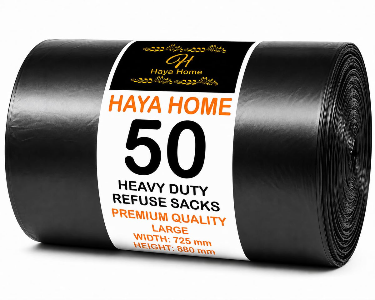 Haya Home 50L 50 Bin Bags Heavy Duty Bin Liners, Black Plastic Refuse Sacks large Garbage Waste Dustbin Bags for Kitchen Home Office DIY Garden from 100% Recycled Material