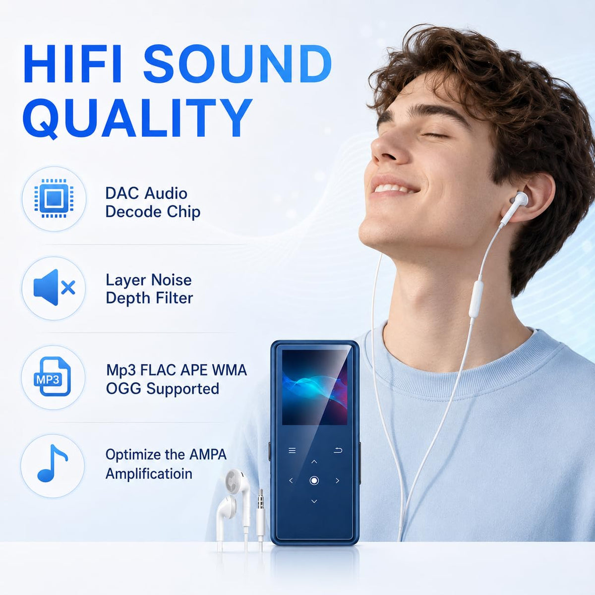 64GB MP3 Player with Bluetooth 5.2, AiMoonsa Music Player with Built-in HD Speaker, FM Radio, Voice Recorder, HiFi Sound, E-Book Function, Earphones Included